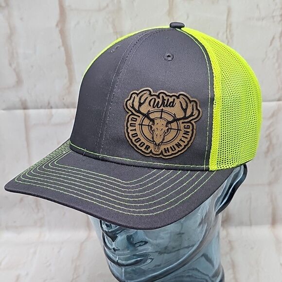 Wild Outdoor Hunting Cap/Hat Charcol/Neon Yellow Leatherette patch Size 22"-24 - Picture 1 of 11